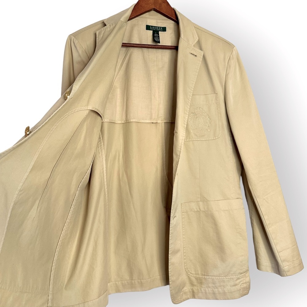 Sold-LRL Beige Blazer Jacket Embroidered Crest Logo Gold Buttons Mens L - Picture 7 of 10